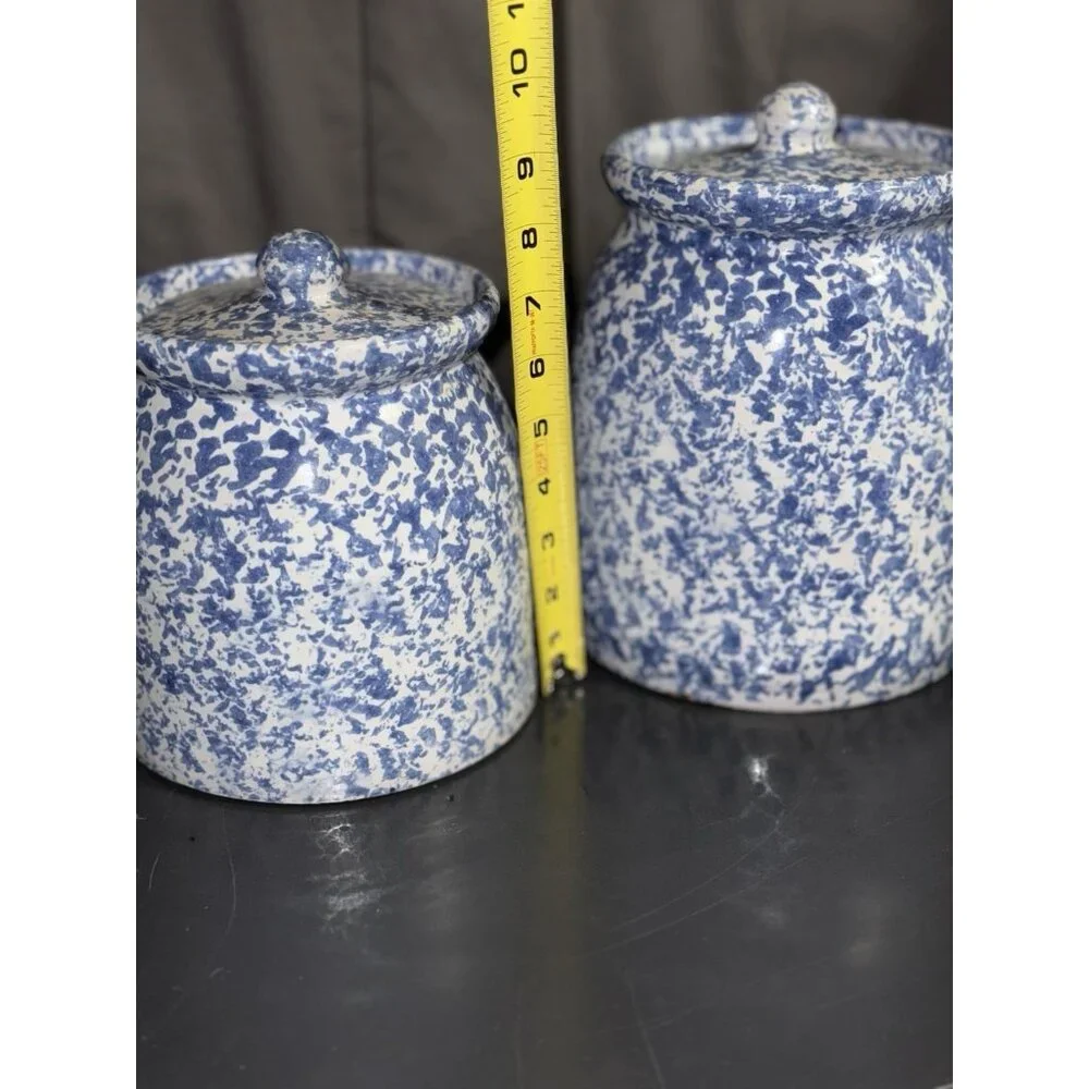 Blue Spongeware Large Storage Jars & Lids Crock Pair Of 7” And 9” - Picture 7 of 12